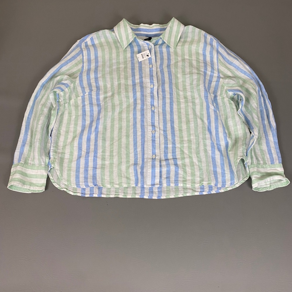 Talbots Linen Shirt Womens Size XL Button Front Blue Green White Striped New NWT